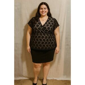 Fashion Bug 22/24W Black Lace Floral Short Sleeve Top Flutter Sleeves Party Glam